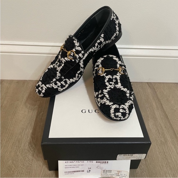 💯‎ Authentic Gucci Jordan Tweed Black White Loafer - Picture 1 of 10